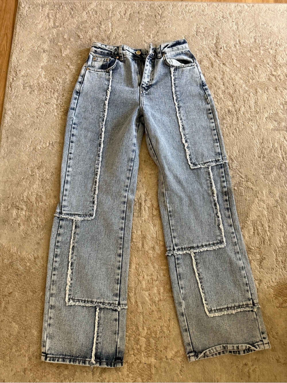 High-Rise Light Blue Patchwork Straight-Leg Jeans